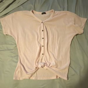 Pink rose button up waffle short sleeve tie front